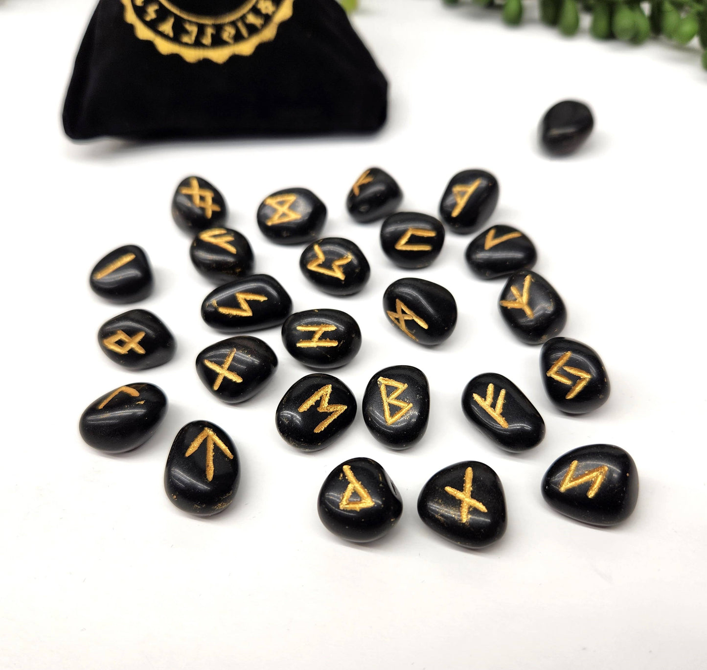 Black Obsidian Gemstone Rune Sets with Velvet Pouch