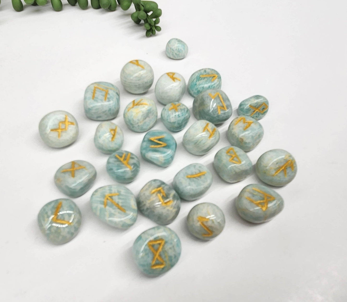 Amazonite Semi-Precious Gemstone Rune Sets with Velvet Pouch