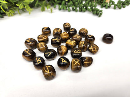 Metaphysical Crystals - Yellow Tiger Eye Gemstone Rune Sets With Velvet Pouch