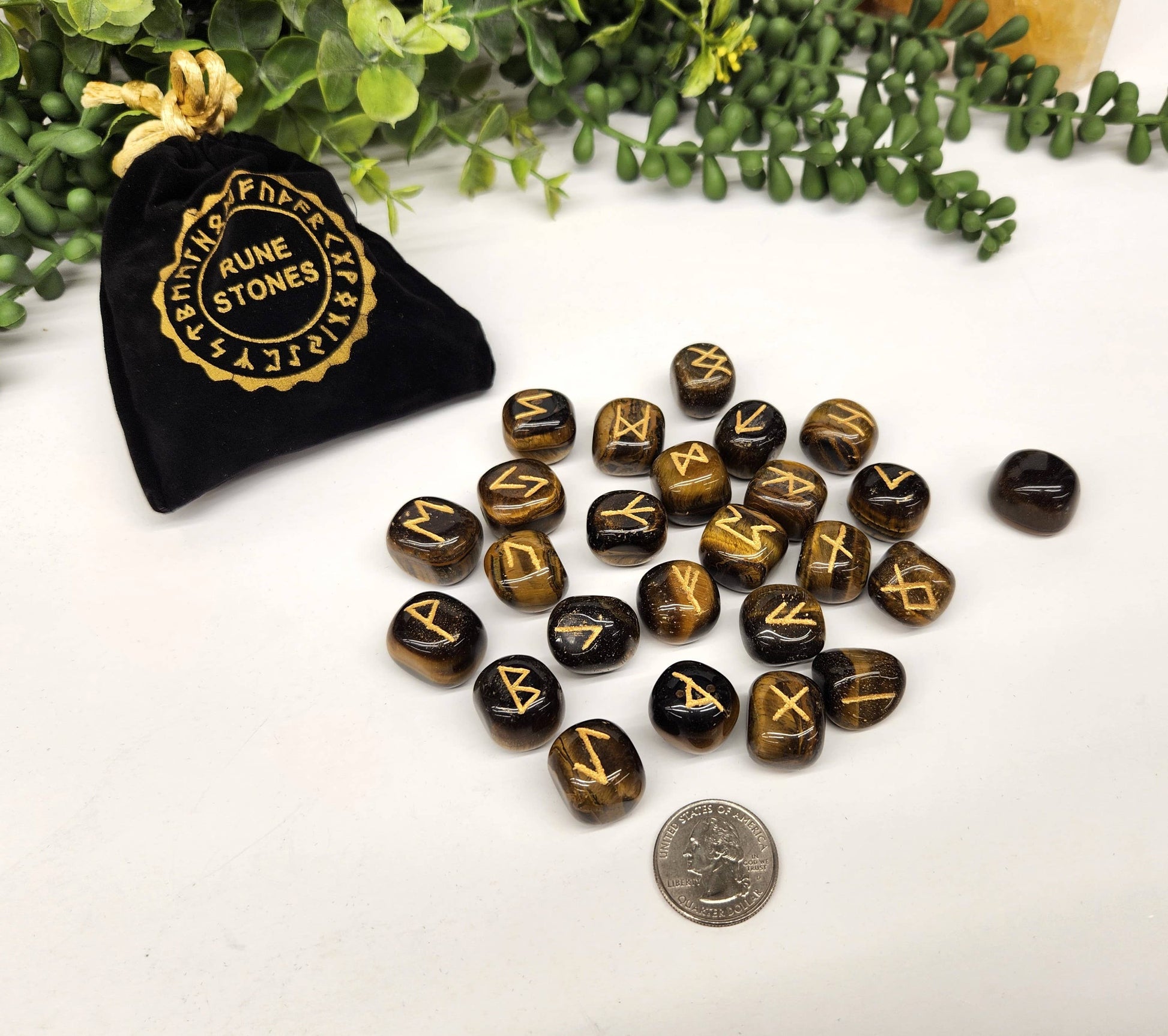 Metaphysical Crystals - Yellow Tiger Eye Gemstone Rune Sets With Velvet Pouch