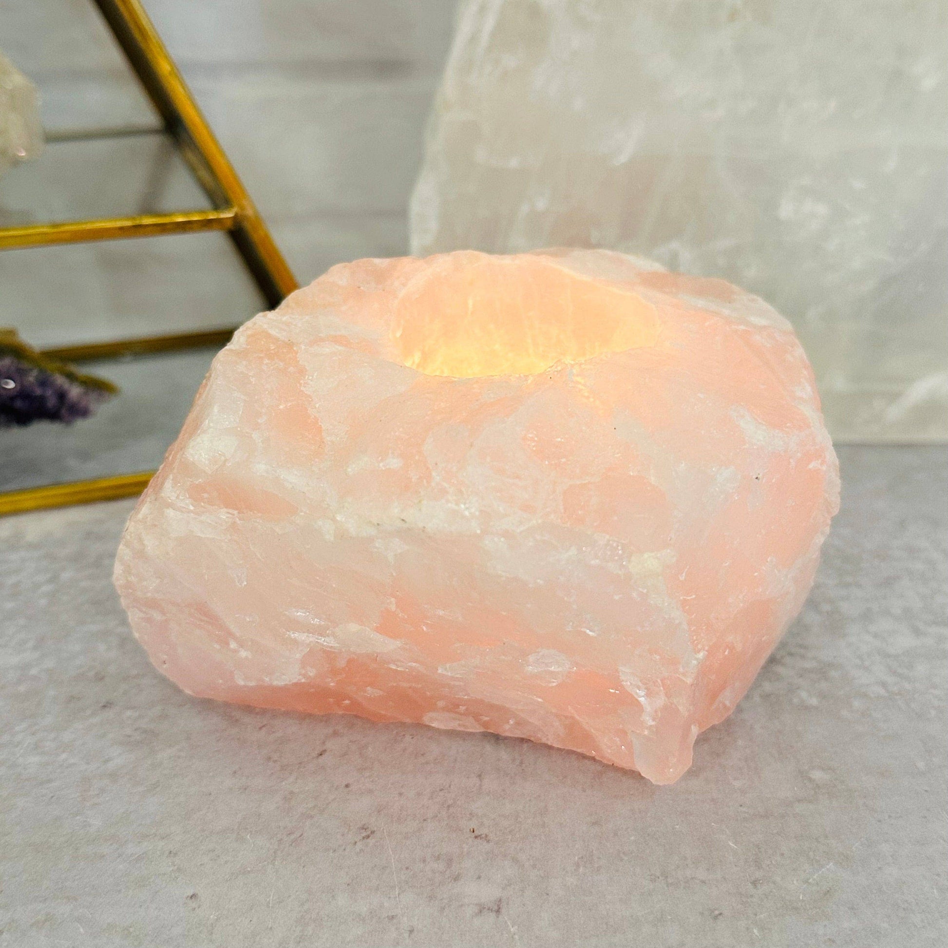 Natural Rose Quartz Candle Holder – Crystal Tealight Holder for Love & Healing Energy - Morganite Gems