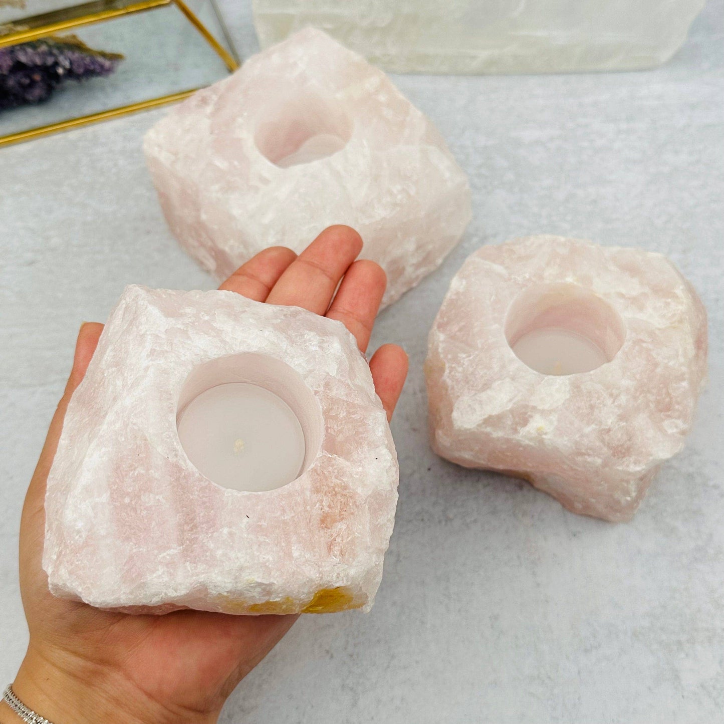 Natural Rose Quartz Candle Holder – Crystal Tealight Holder for Love & Healing Energy - Morganite Gems