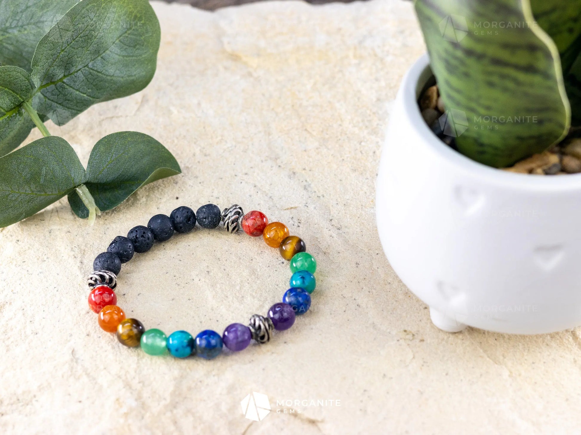 Chakra and Lava Bracelet - Morganite Gems