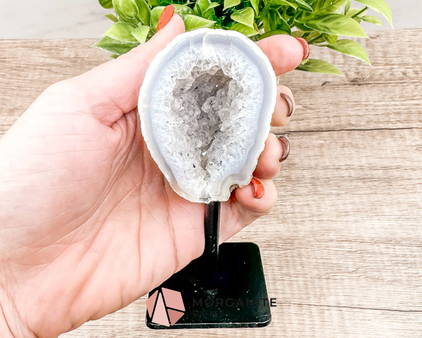 Geode Specimen on Metal Stand - Natural Crystal Display for Healing and Home Decor-Morganite Gems