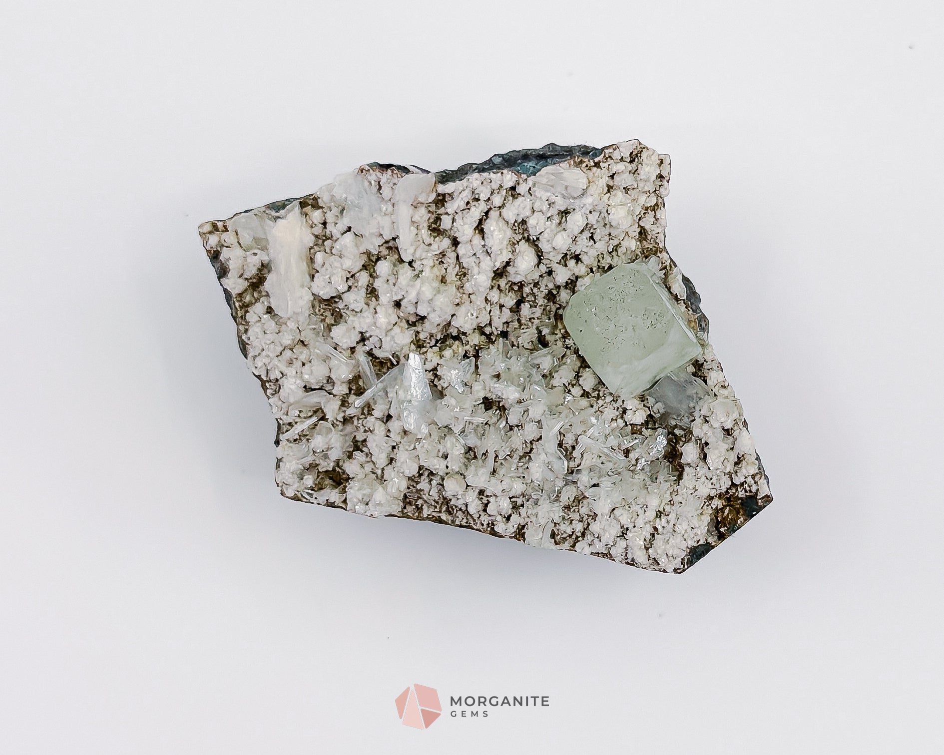 80g Green Apophyllite Cube with Stilbite on Chalcedony Base – Unique Crystal Specimen - Morganite Gems