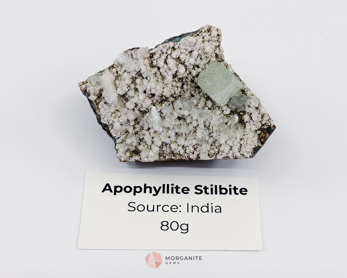 80g Green Apophyllite Cube with Stilbite on Chalcedony Base – Unique Crystal Specimen - Morganite Gems