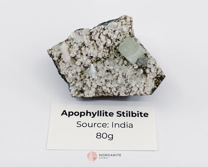 80g Green Apophyllite Cube with Stilbite on Chalcedony Base – Unique Crystal Specimen - Morganite Gems