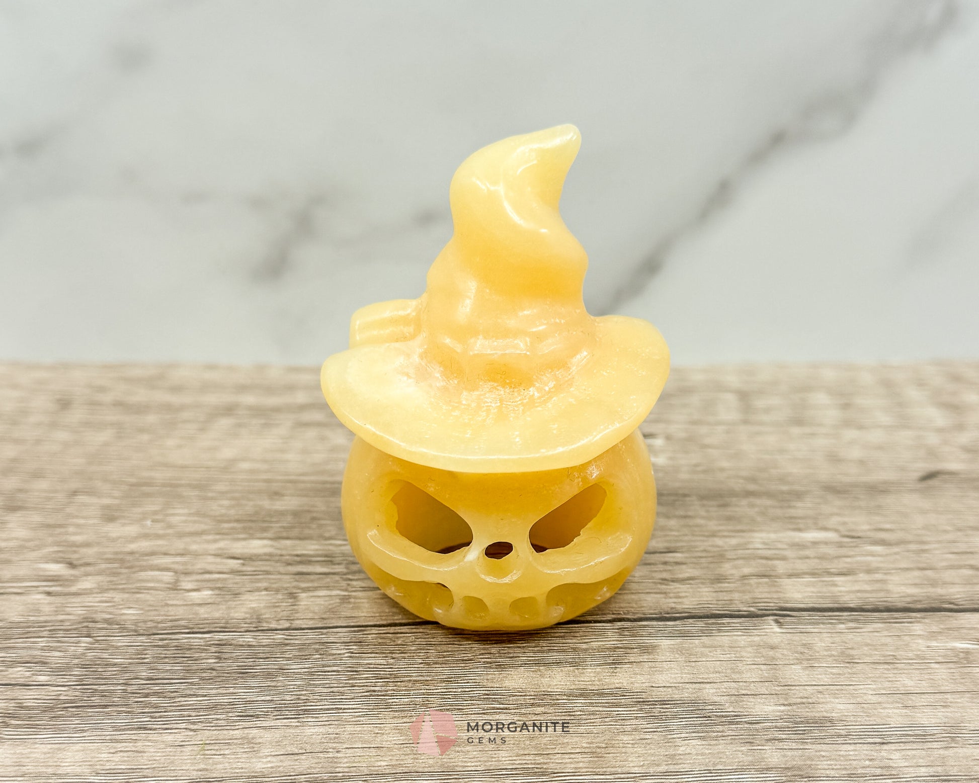 Yellow Calcite Halloween Pumpkin Wizard – Hand-Carved Crystal Decoration - Morganite Gems