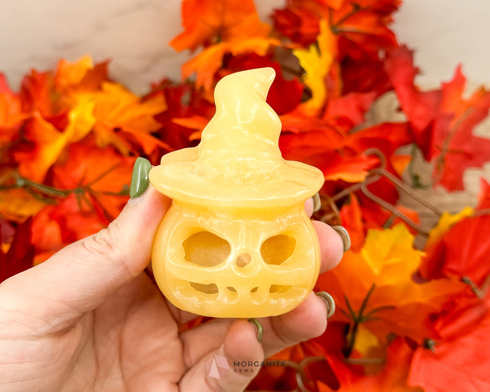 Yellow Calcite Halloween Pumpkin Wizard – Hand-Carved Crystal Decoration - Morganite Gems