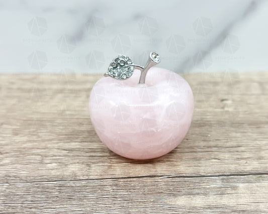 Rose Quartz Apple Carving with Crystal-Embellished Leaf – Symbol of Love and Abundance - Morganite Gems