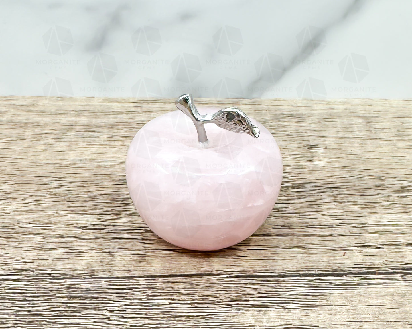 Rose Quartz Apple Carving with Crystal-Embellished Leaf – Symbol of Love and Abundance - Morganite Gems