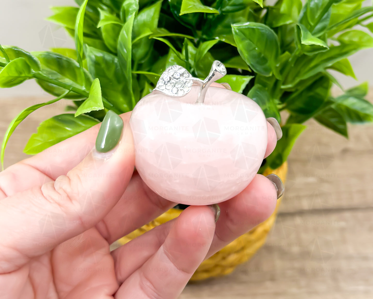 Rose Quartz Apple Carving with Crystal-Embellished Leaf – Symbol of Love and Abundance - Morganite Gems