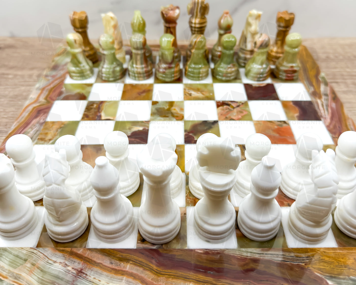 Handcrafted Green Onyx & White Marble Chess Set – 12-Inch Stone Chessboard with Elegant Pieces - Morganite Gems