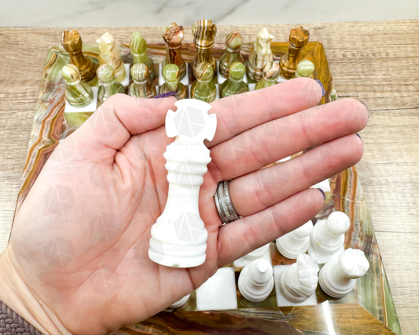 Handcrafted Green Onyx & White Marble Chess Set – 12-Inch Stone Chessboard with Elegant Pieces - Morganite Gems