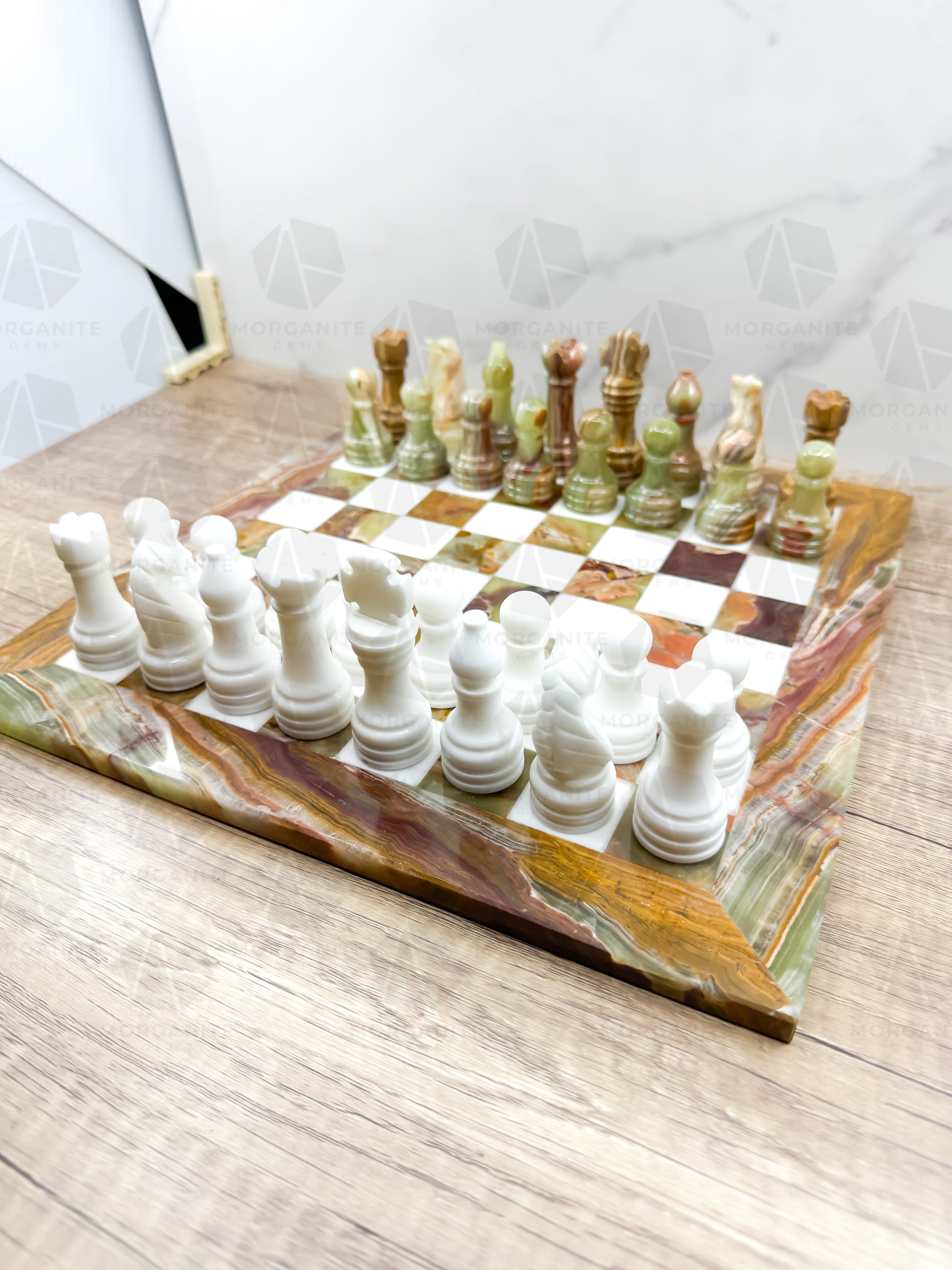 Handcrafted Green Onyx & White Marble Chess Set – 12-Inch Stone Chessboard with Elegant Pieces - Morganite Gems