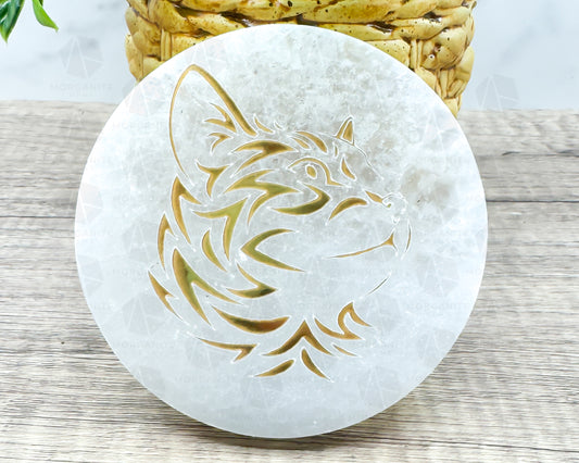 4-Inch Round Selenite Plate with Gold Carved Cat – Crystal Charging Disc for Energy Cleansing - Morganite Gems