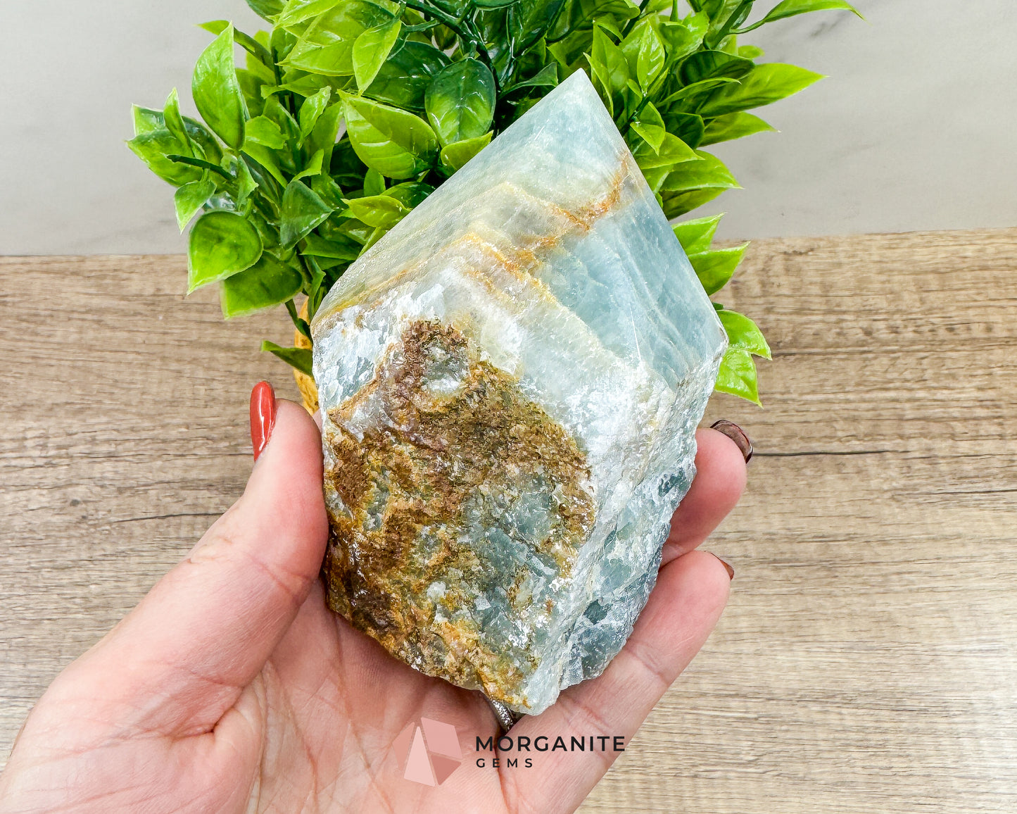 Blue Onyx Half Rough Cut Base Point – Natural Healing Crystal for Emotional Balance & Meditation Morganite Gems