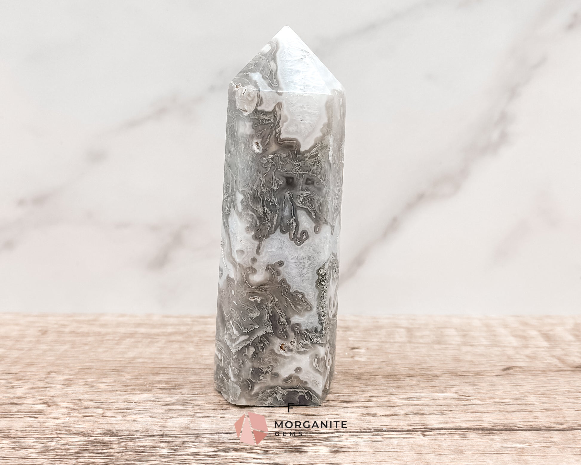 Moss Agate Tower Point – Tranquil Earthy Charm for Spiritual Connection Morganite Gems