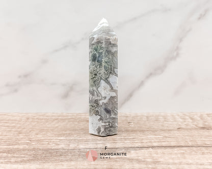 Moss Agate Tower Point – Tranquil Earthy Charm for Spiritual Connection Morganite Gems