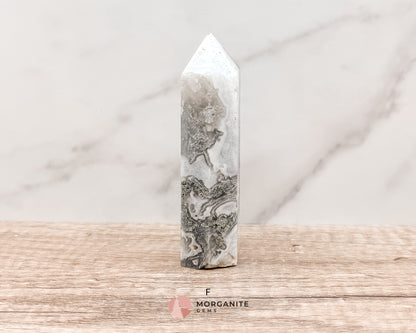 Moss Agate Tower Point – Tranquil Earthy Charm for Spiritual Connection Morganite Gems