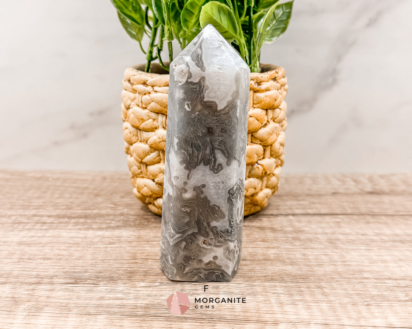 Moss Agate Tower Point – Tranquil Earthy Charm for Spiritual Connection Morganite Gems