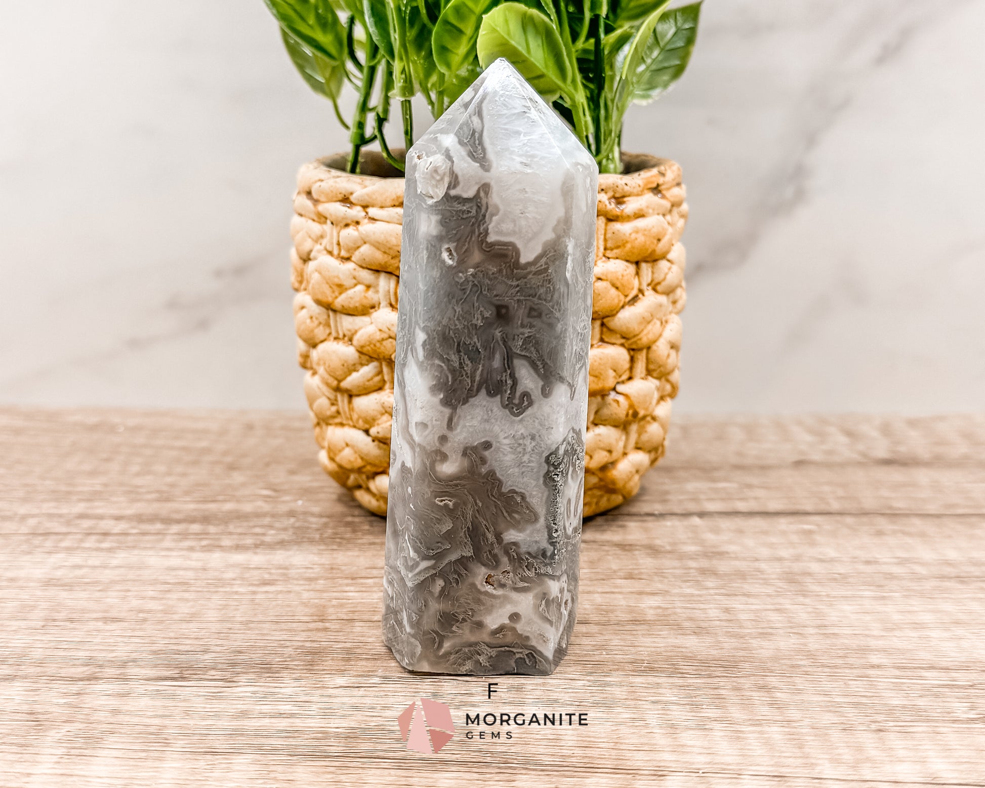 Moss Agate Tower Point – Tranquil Earthy Charm for Spiritual Connection Morganite Gems