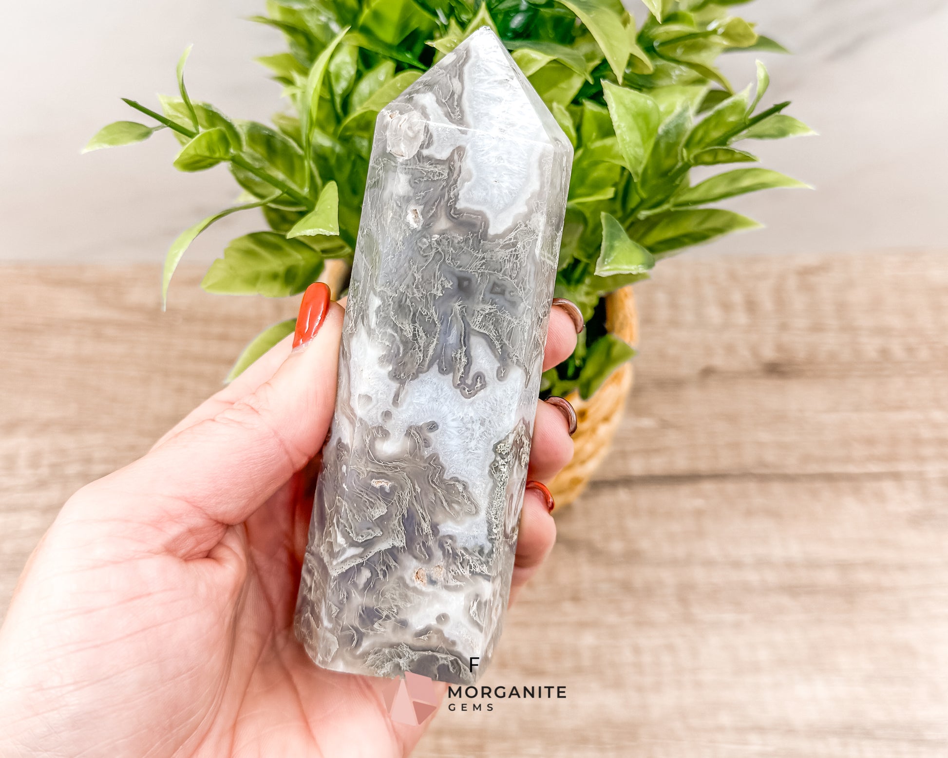 Moss Agate Tower Point – Tranquil Earthy Charm for Spiritual Connection Morganite Gems