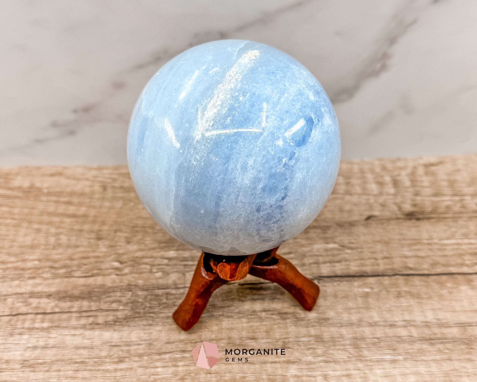 Large Blue Calcite Sphere – Soothing Healing Crystal for Calm, Clarity & Emotional Balance Morganite Gems