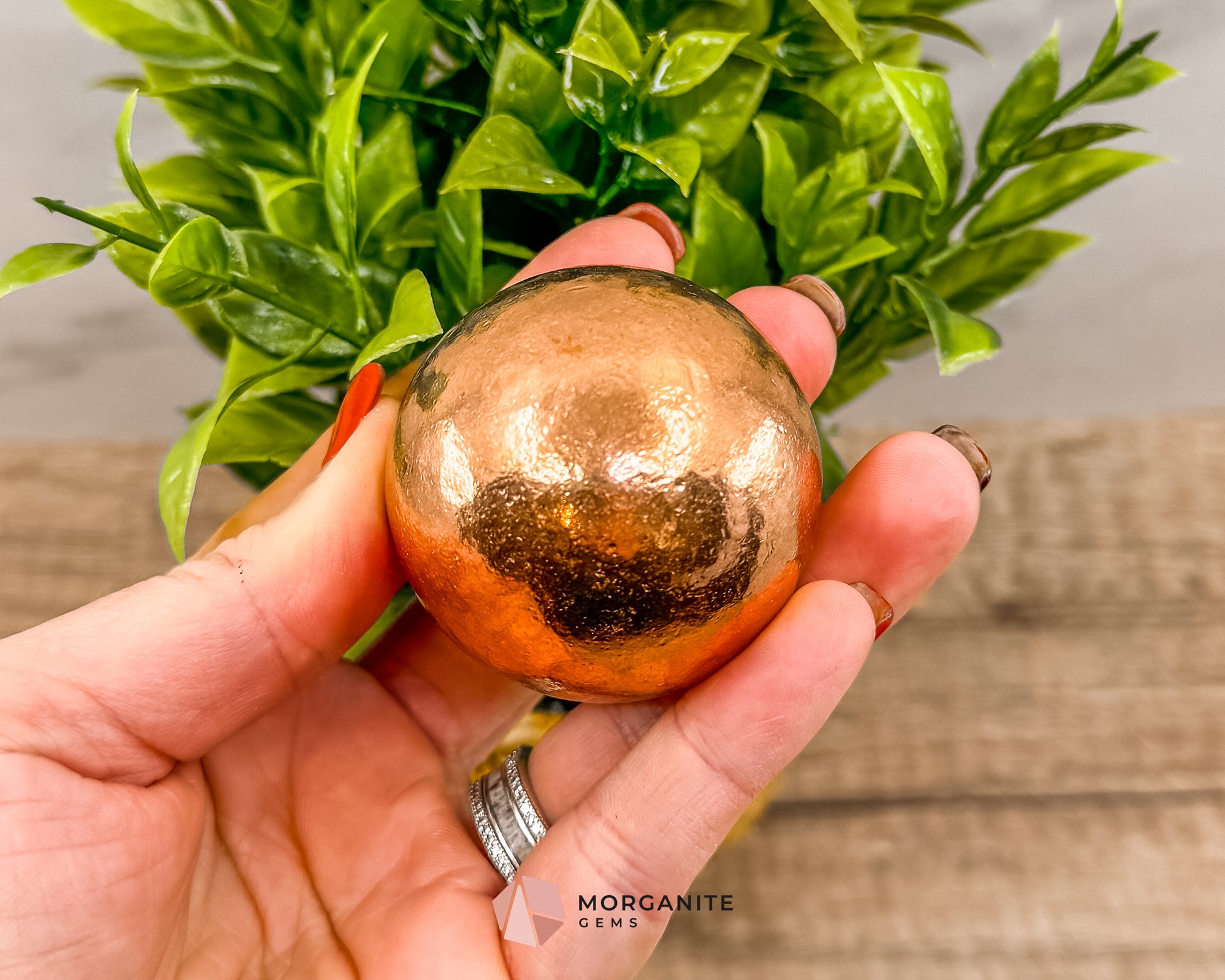 Solid Copper Sphere – Grounding & Healing Energy Tool for Balance, Vitality & Amplification Morganite Gems