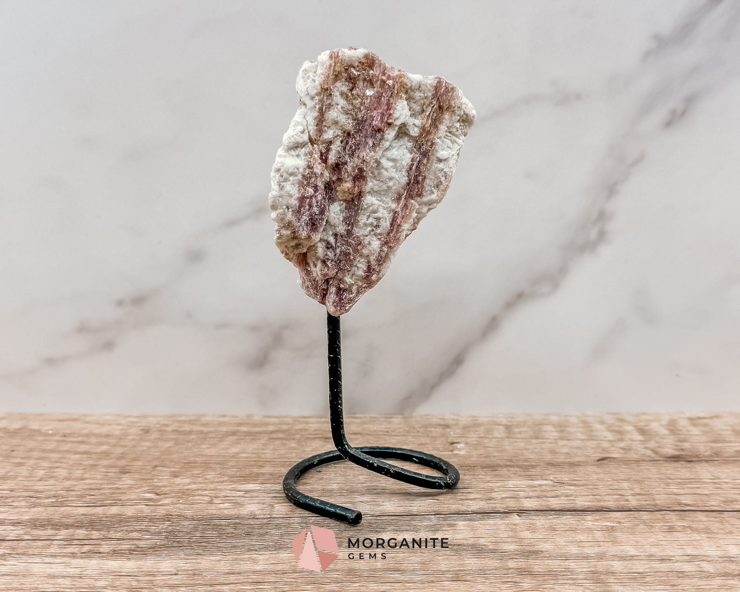 Raw Pink and White Tourmaline on Metal Stand – Healing Crystal for Love, Balance & Emotional Support Morganite Gems