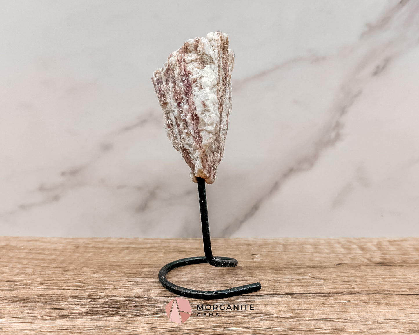 Raw Pink and White Tourmaline on Metal Stand – Healing Crystal for Love, Balance & Emotional Support Morganite Gems