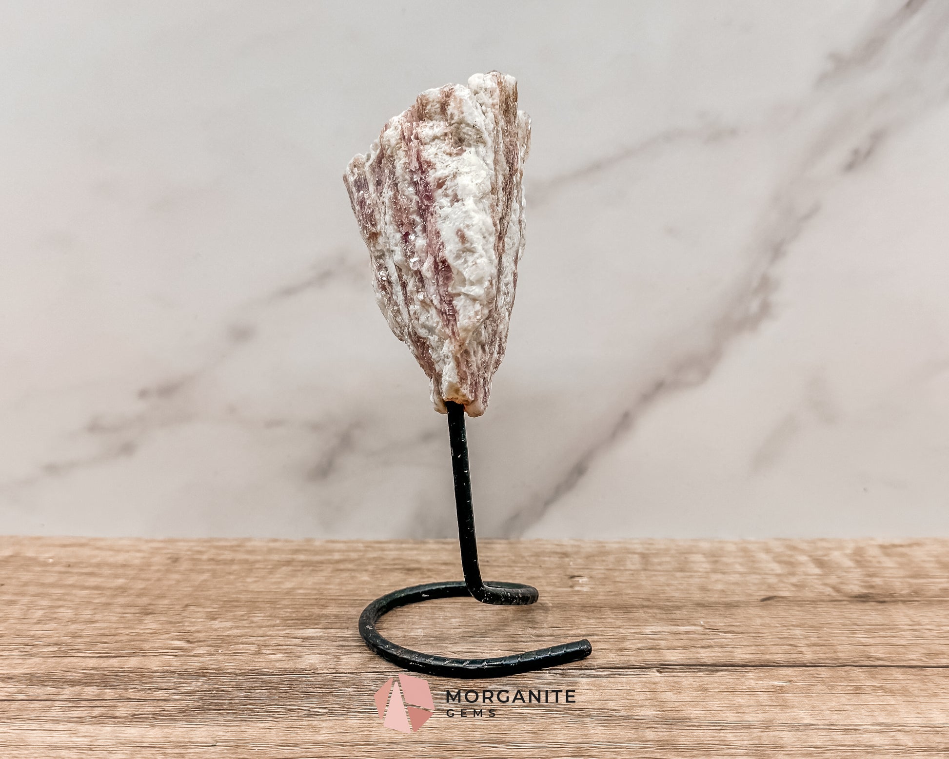 Raw Pink and White Tourmaline on Metal Stand – Healing Crystal for Love, Balance & Emotional Support Morganite Gems