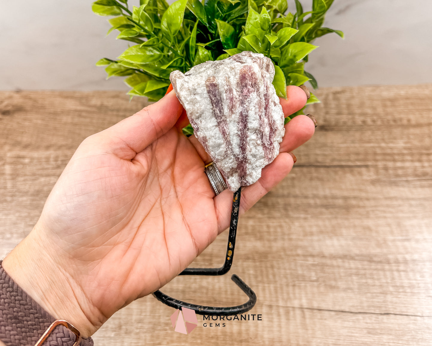 Raw Pink and White Tourmaline on Metal Stand – Healing Crystal for Love, Balance & Emotional Support Morganite Gems