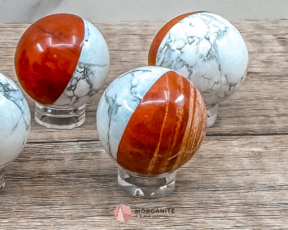 Stone Pokémon Ball in Howlite and Red Jasper – Unique Crystal Ball for Calm, Strength & Collectors Morganite Gems