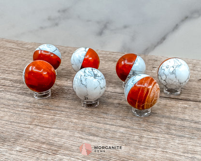 Stone Pokémon Ball in Howlite and Red Jasper – Unique Crystal Ball for Calm, Strength & Collectors Morganite Gems