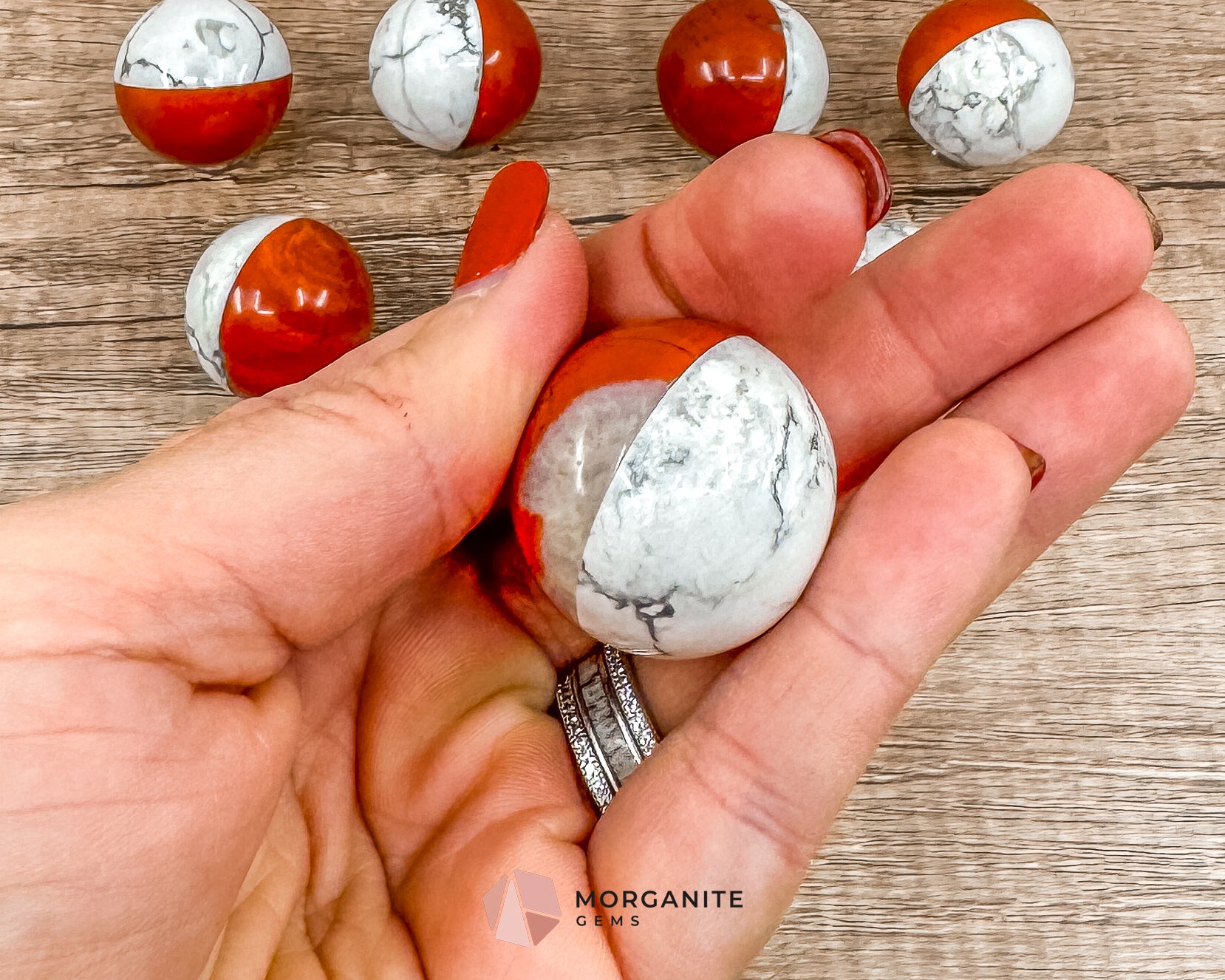 Stone Pokémon Ball in Howlite and Red Jasper – Unique Crystal Ball for Calm, Strength & Collectors Morganite Gems