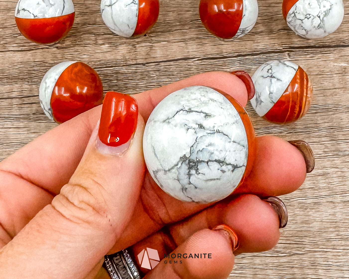 Stone Pokémon Ball in Howlite and Red Jasper – Unique Crystal Ball for Calm, Strength & Collectors Morganite Gems