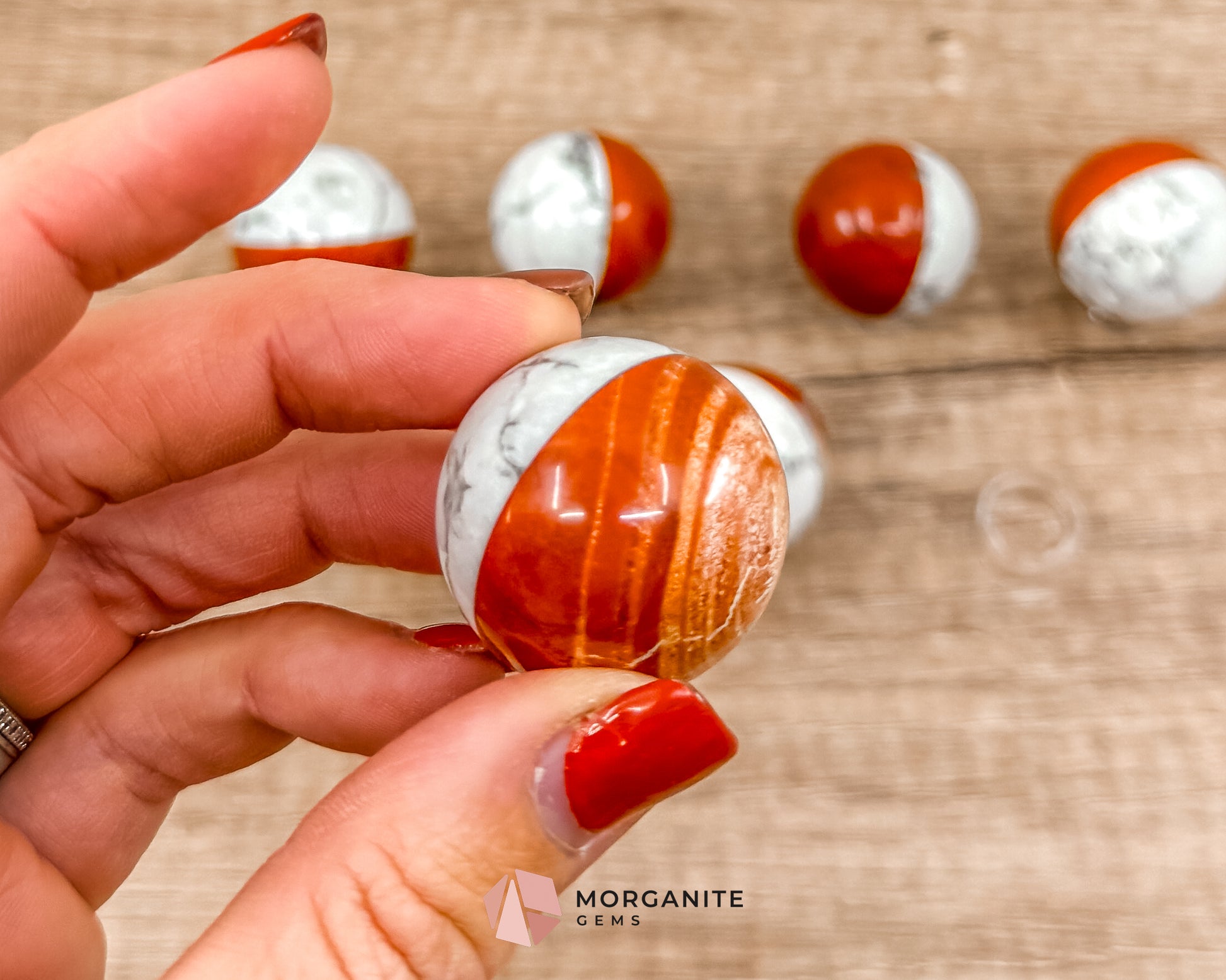 Stone Pokémon Ball in Howlite and Red Jasper – Unique Crystal Ball for Calm, Strength & Collectors Morganite Gems