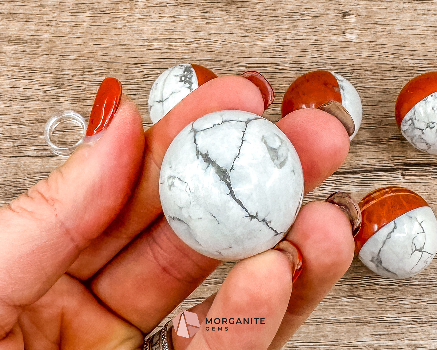 Stone Pokémon Ball in Howlite and Red Jasper – Unique Crystal Ball for Calm, Strength & Collectors Morganite Gems