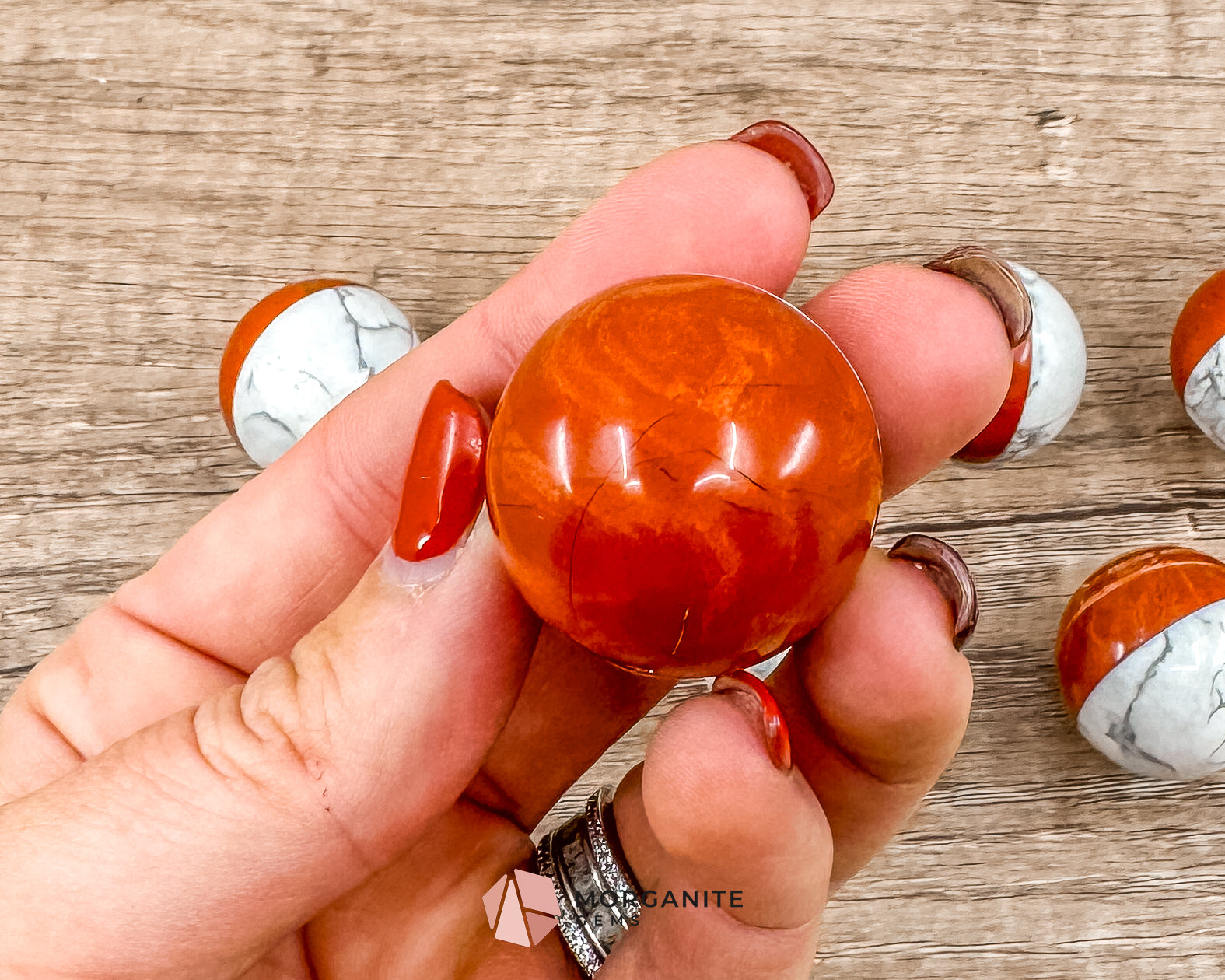 Stone Pokémon Ball in Howlite and Red Jasper – Unique Crystal Ball for Calm, Strength & Collectors Morganite Gems