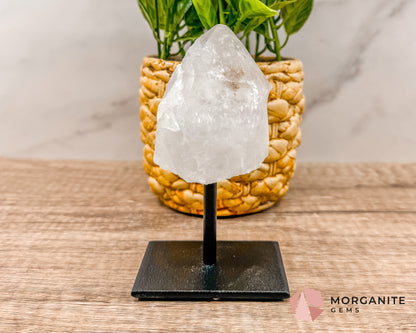 Clear Quartz Point on Metal Stand – Energy Amplifying Crystal for Clarity, Healing & Focus Morganite Gems