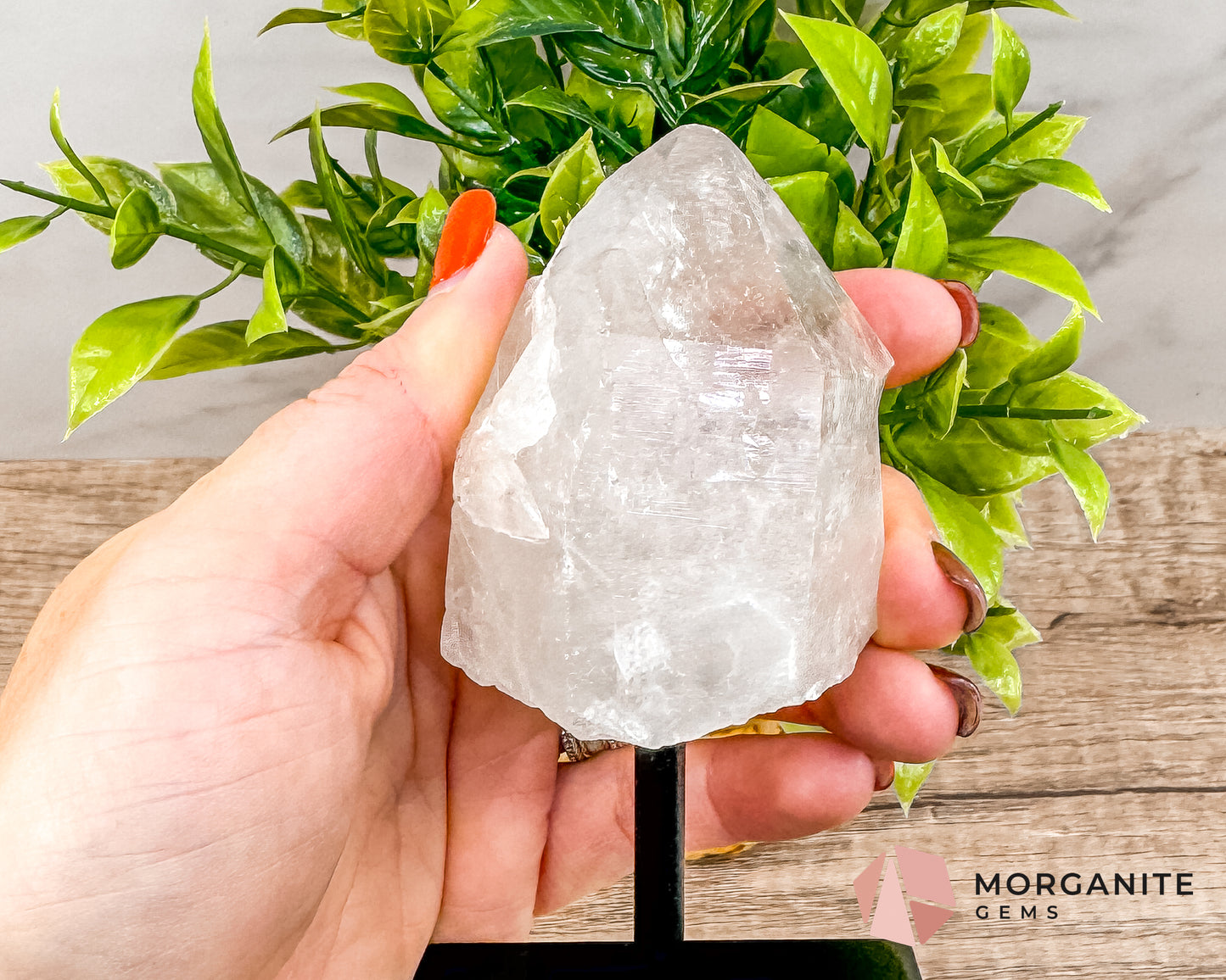 Clear Quartz Point on Metal Stand – Energy Amplifying Crystal for Clarity, Healing & Focus Morganite Gems