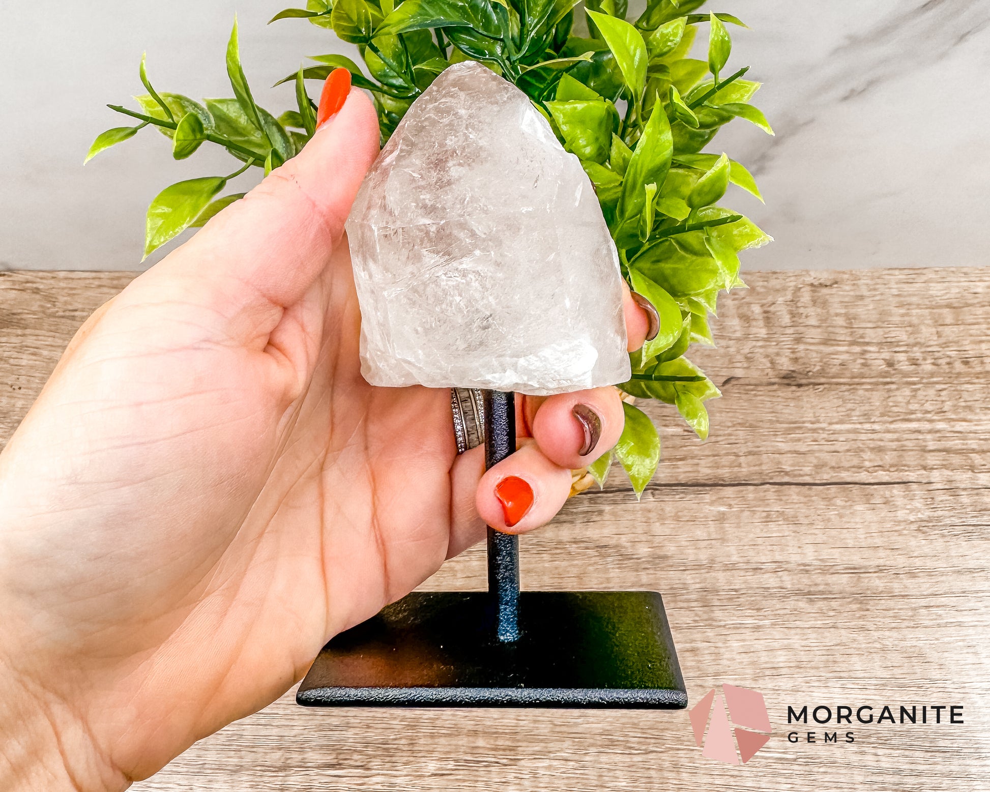 Clear Quartz Point on Metal Stand – Energy Amplifying Crystal for Clarity, Healing & Focus Morganite Gems