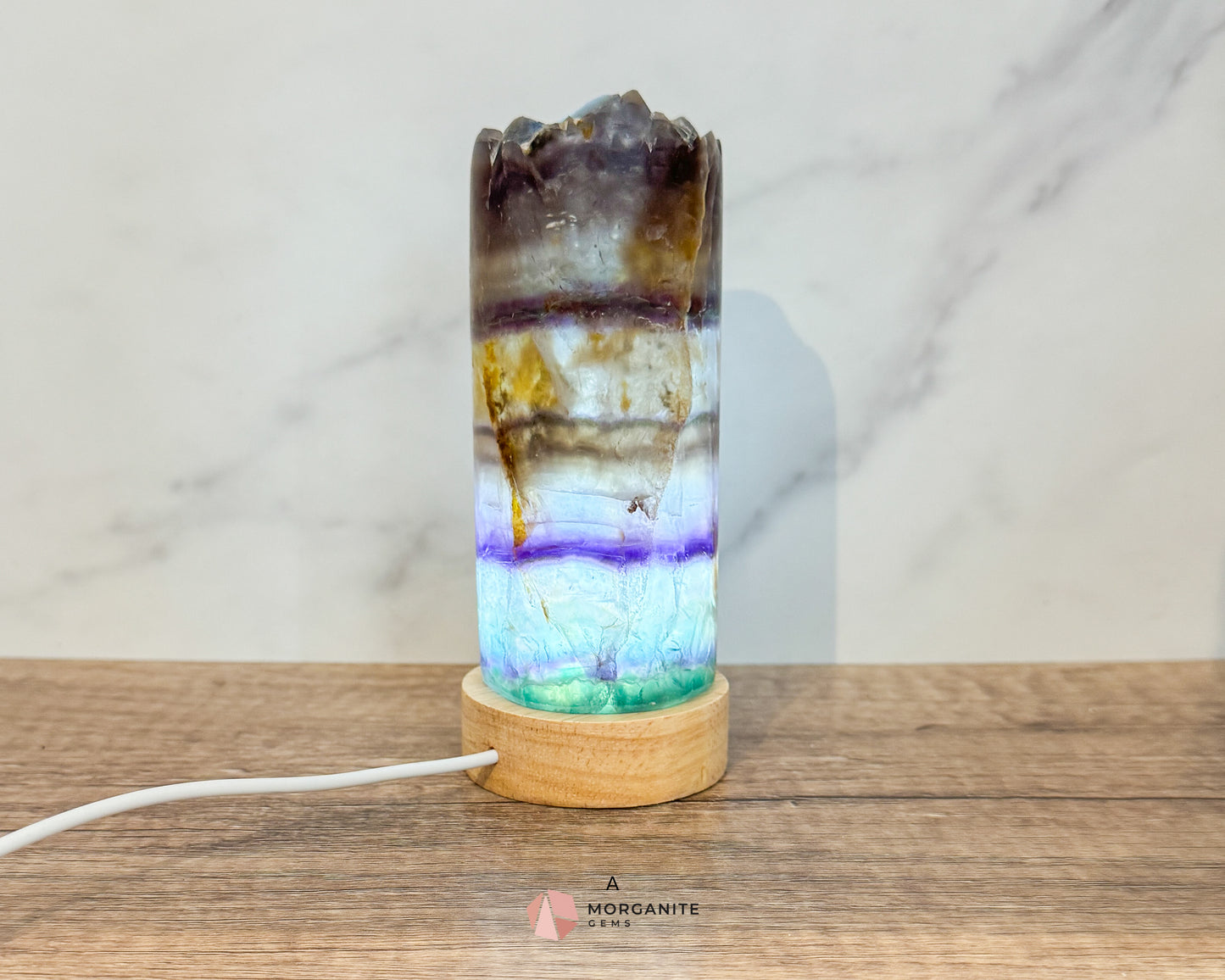 Rainbow Fluorite Cylinder Lamp with USB Lighted Base – Illuminate Your Space with Natural Beauty