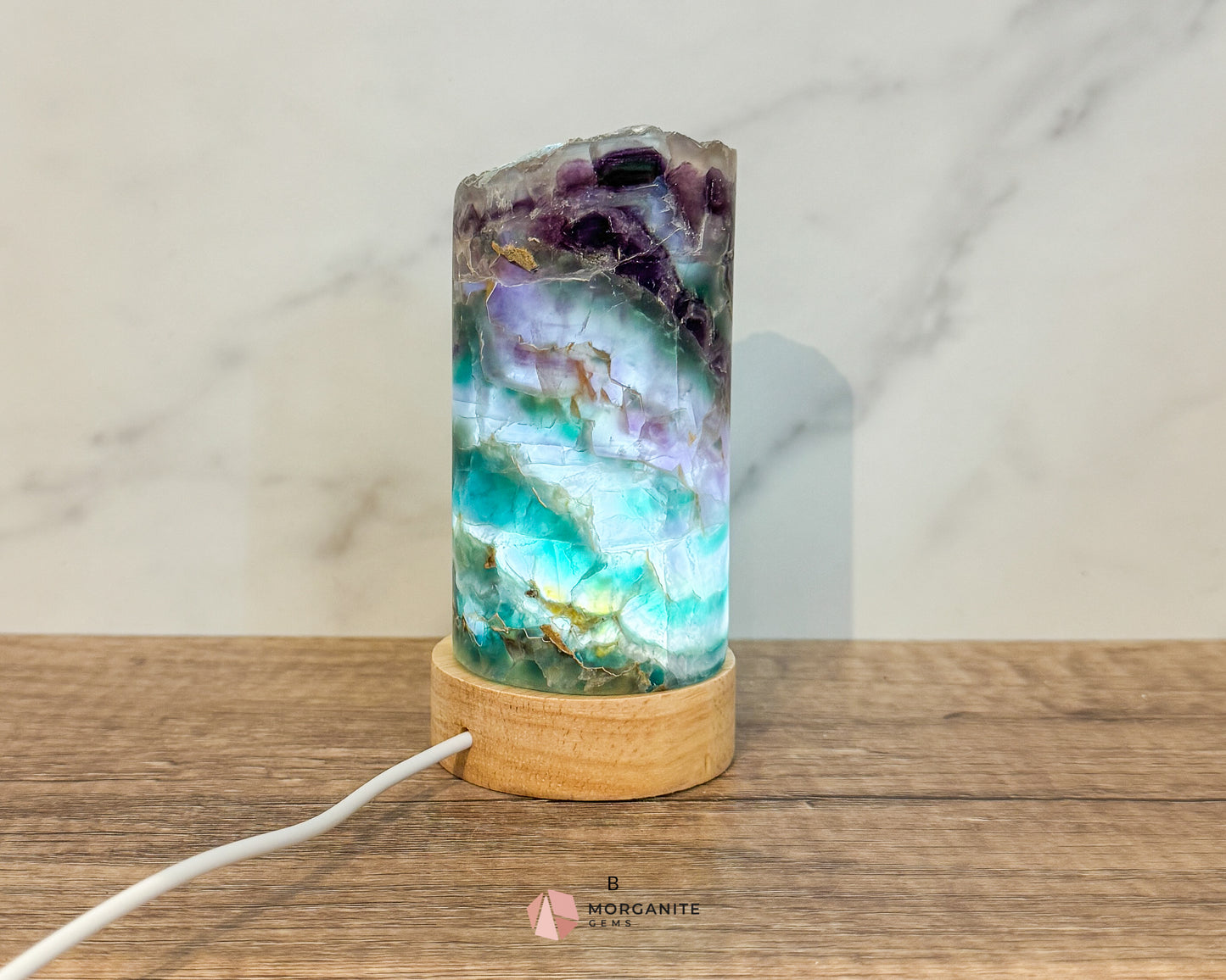 Rainbow Fluorite Cylinder Lamp with USB Lighted Base – Illuminate Your Space with Natural Beauty