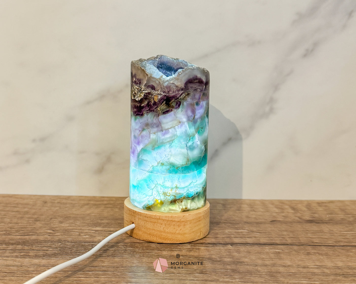 Rainbow Fluorite Cylinder Lamp with USB Lighted Base – Illuminate Your Space with Natural Beauty