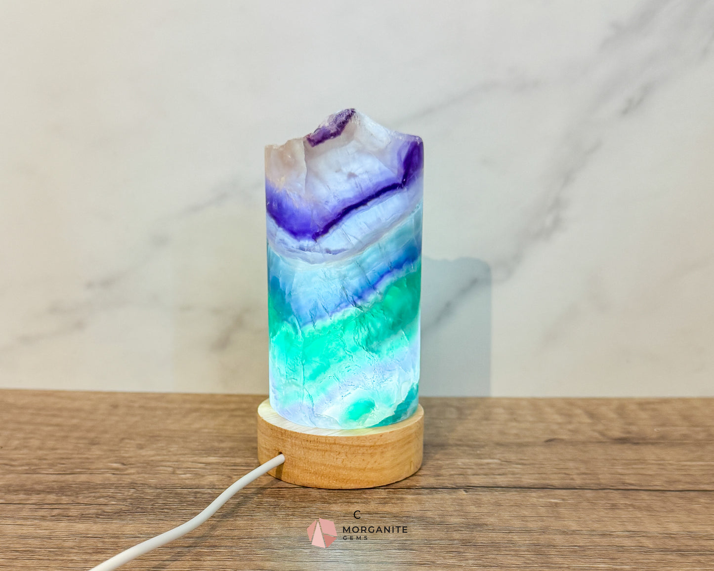 Rainbow Fluorite Cylinder Lamp with USB Lighted Base – Illuminate Your Space with Natural Beauty