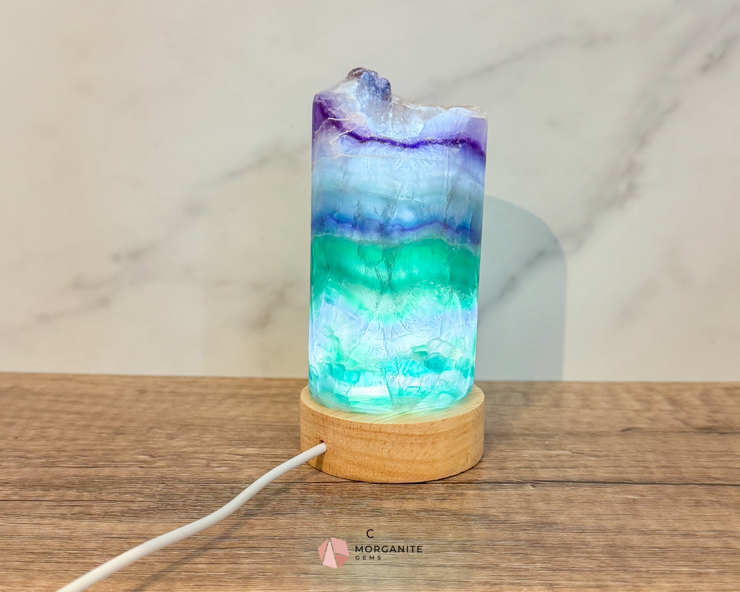 Rainbow Fluorite Cylinder Lamp with USB Lighted Base – Illuminate Your Space with Natural Beauty