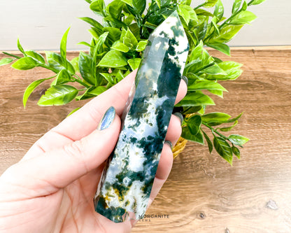 Moss Agate Tower Point – Tranquil Earthy Charm for Spiritual Connection