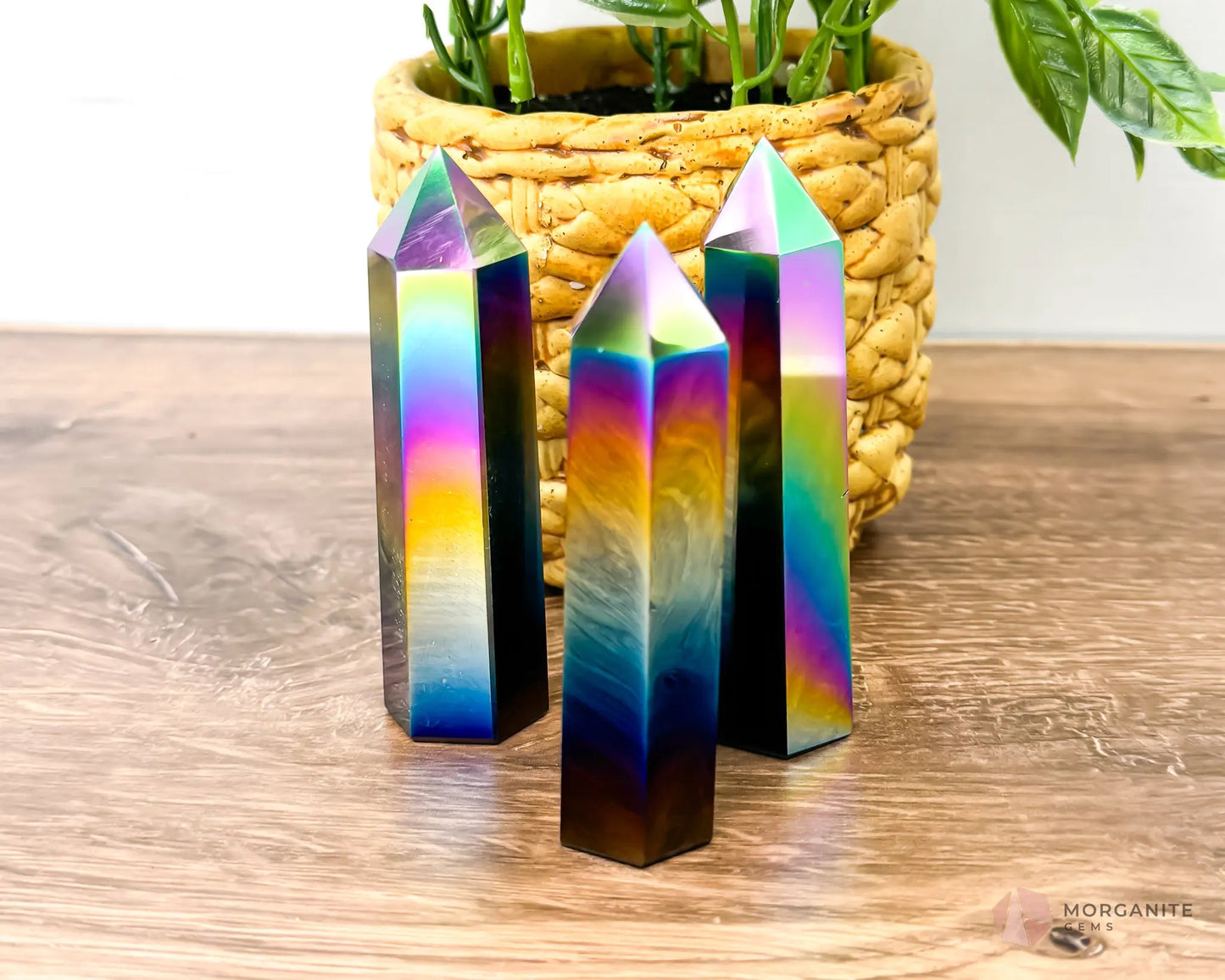 Obsidian Obelisk Point Tower Black Rainbow Plated - Morganite Gems